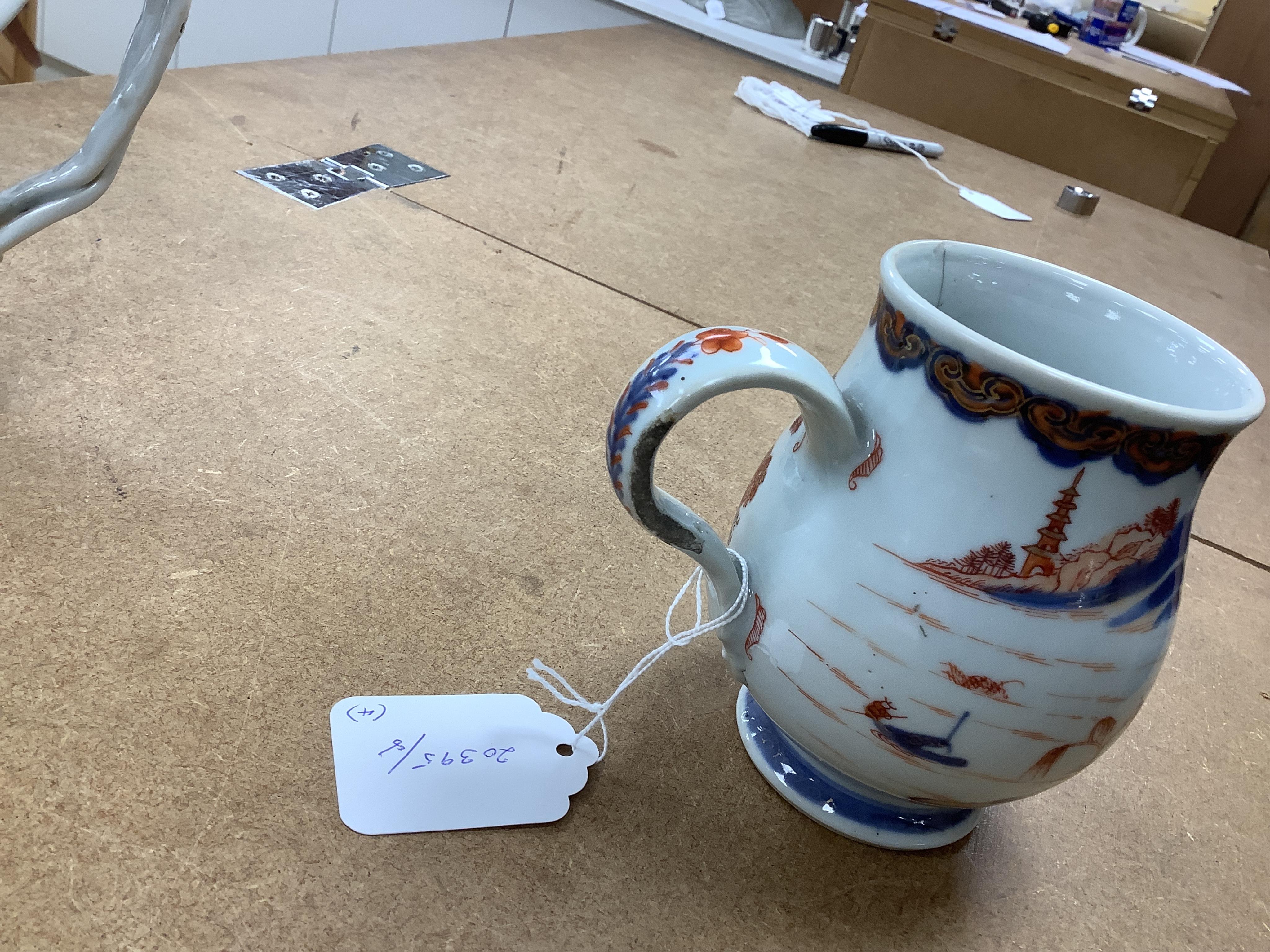 Four 18th century Export and later Chinese mugs to include a blue and white example, (a.f), largest 15cm high